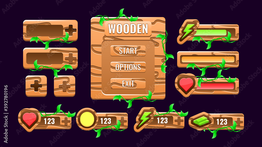 Wall mural set of wooden nature game ui board pop up interface, bar, additional panel, and button for gui asset