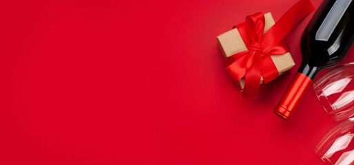 Valentines or Christmas card with wine and gift