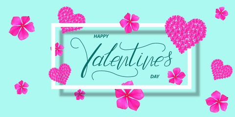 Happy Valentine's day! Card, online banner, greeting card, Flat lay on Valentine's Day,  on a green background