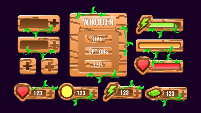 Set Of Wooden Nature Game Ui Board Pop Up Interface, Bar, Additional Panel, And Button For Gui Asset Elements Vector Illustration