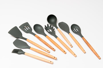 silicone kitchen utensils set grey on white background.Spoon,Spoon Ladle,Turner,Spoon...