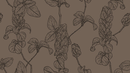 Floral seamless pattern, vintage leaves and flowers line art ink drawing in brown tone