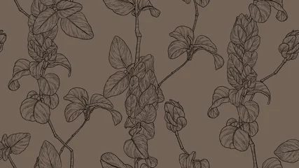 Gordijnen Floral seamless pattern, vintage leaves and flowers line art ink drawing in brown tone © momosama