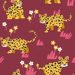 Gordijnen Animal seamless pattern, cute leopard with flowers and leaves on dark red © momosama