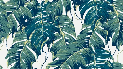 Muurstickers Botanical seamless pattern, hand drawn Split-leaf Philodendron on bright brown © momosama