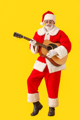 Cool Santa Claus with guitar on color background