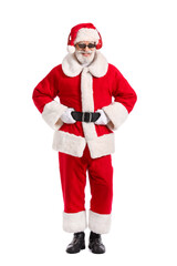 Cool Santa Claus listening to music on white background