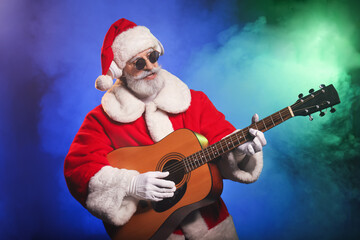 Cool Santa Claus with guitar on color background