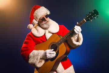 Cool Santa Claus with guitar on color background