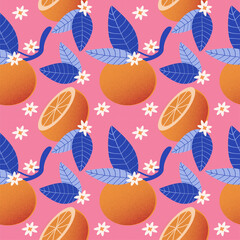 seamless pattern with orange branches, leaves and flowers on a pink background