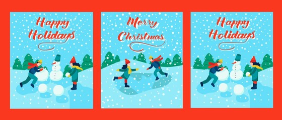 Fototapeta premium Set of holiday cards. Lettering happy Christmas, happy new year, happy holidays. Children go sledding, skating, making a snowman. Vector illustration.