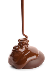 Pouring melted chocolate on white background