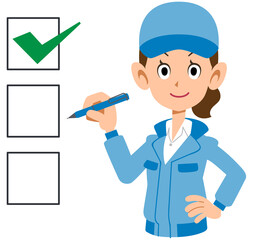 チェックリストと作業服を着た女性　上半身
