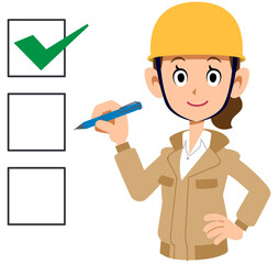 チェックリストと作業服を着た女性
