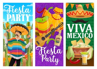 Viva Mexico fiesta party vector banners with Mexican holiday food and carnival mariachi. Musician character with sombrero hats, maracas and guitar, cactus, tequila and chilli pepper, nachos, guacamole