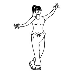 young woman using reality virtual technology line style