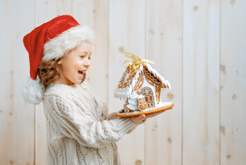little girl with Christmas gingerbread house