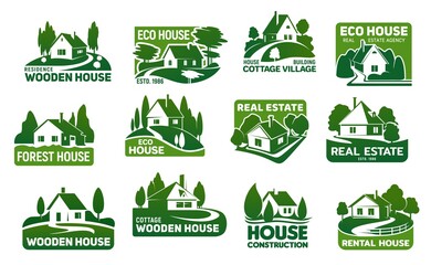 Wooden eco houses, real estate buildings vector icons. Cottage symbols with green trees and lawn, garden, path or driveway and fence. Eco design, landscaping service and real estate company emblems