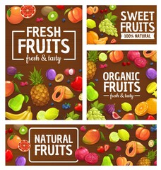 Fruits, berries, tropical farm market, garden food, vector pineapple, orange and apples. Summer exotic fruits mango, peach and lemon, strawberry, cherry and raspberry berries, figs, grapes and papaya