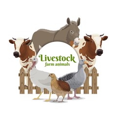 Farm animals, livestock and poultry banner. Donkey, cow or bull behind wooden fence, turkey, goose and quail vector. Farm beef and milk cattle, birds meat and eggs production