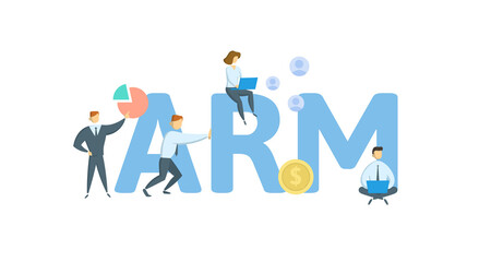 ARM, Adjustable Rate Mortgage. Concept with keywords, people and icons. Flat vector illustration. Isolated on white background.