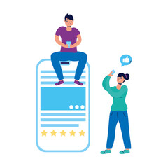 young couple chatting with smartphones