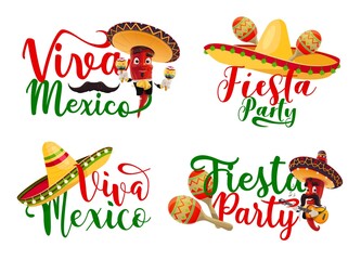 Viva Mexico vector icons set with Mexican fiesta party chilli mariachi characters. Cartoon red peppers with carnival holiday sombrero hats, maracas, guitar and mustache, greeting card or emblem design