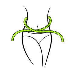 Silhouette of a girl and a measuring tape on a white background, sign for design, vector illustration