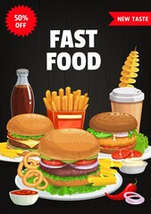 Fast food menu cover, vector burgers and combo snacks hamburger, cheeseburger and french fries. Cola, ketchup sauce and onion rings with spiral potato, chili pepper. Street food meals cartoon poster