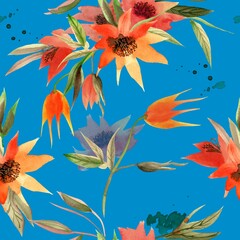 Fototapeta na wymiar Seamless pattern with watercolor orange flowers on a blue. Hand painted background