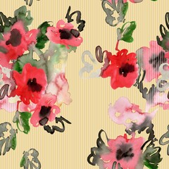 Seamless pattern with abstract red flowers. Watercolor hand painted background