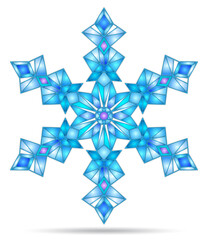 Illustration in the stained glass style with an openwork snowflake, isolated on a white background