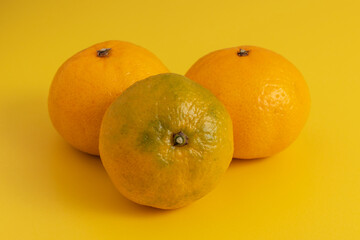 Ripe, juicy tangerines on yellow background.