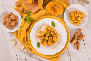 Pumpkin gnocchi with grated amaretti cookies.