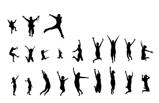 view silhouette many human jumping action isolated on white background.