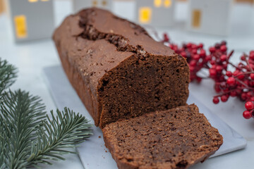 sweet Chocolate Gingerbread Cake on festive background