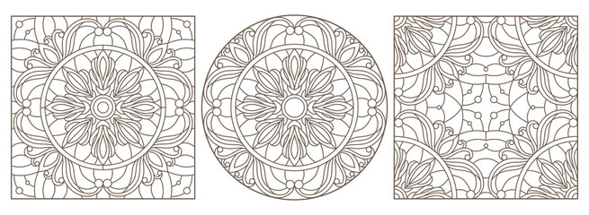 Set contour illustrations of stained glass with abstract swirls and flowers , dark outlines on a white background
