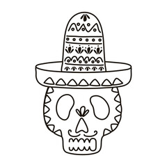 dia de los muertos skull painted wearing mexican hat line style