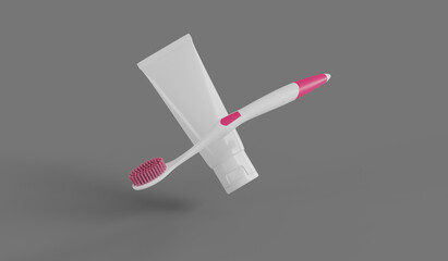 Teeth brush and toothpaste mockup 3d render model for product packaging design