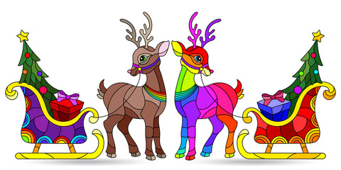Set of illustrations in stained glass style with cute cartoon reindeer with sledges, figures isolated on a white background