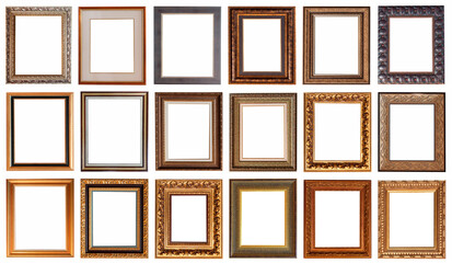 Frames baguettes gold silver set isolated on white background pattern.