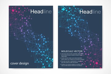 Scientific brochure design template. Vector flyer layout, Molecular structure with connected lines and dots. Scientific pattern atom DNA with elements for magazine, leaflet, cover, poster design.