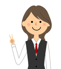 Vサインをする制服姿の女性