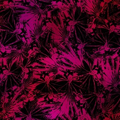 Seamless Miami night tropical pattern black foliage on sunset blur. High quality illustration. Swim, sports, or resort wear repeat print. Dark foreground on blurred background. Dark vibrant colors.