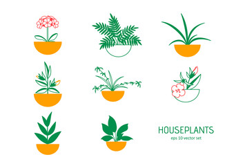 Window plants in pots - vector icons set on white background