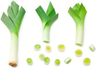 leek with slices isolated on white background. with clipping path. top view