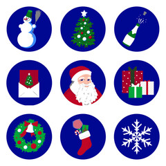 Set of Christmas and New Year  illustrations. Santa Claus, Christmas stocking, tree, wreath, gift boxes, snowflake, greeting card, sparkling wine bottle, snowman.It can be use as icons in social media