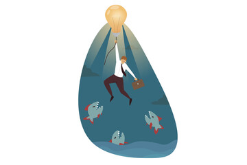 Business idea, danger, rescue concept. Scared terrified businessman clerk manager cartoon character saving from fish piranha predators holding light bulb. Escaping from trouble problem illustration.