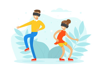 People Learning and Entertaining Wearing Virtual Augmented Reality Glasses, Virtual Reality Concept Cartoon Vector Illustration