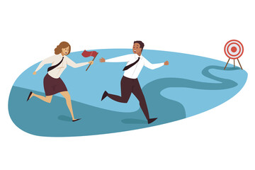 Relay race, targeting, teamwork business concept. Goal achievement and success motivation competition illustration. Team of businessman woman managers cartoon characters leaders runners passing flag.